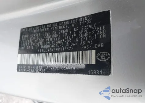 2009 Toyota Camry z USA, uszkodzony, nr VIN 4T4BE46K99R117822